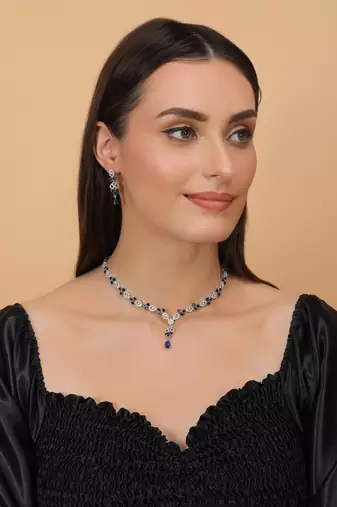 Blue and cz stone embellished Silver plated necklace 317fnnn363