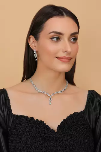 Silver Sea Green and cz embellished necklace 317fnnn364
