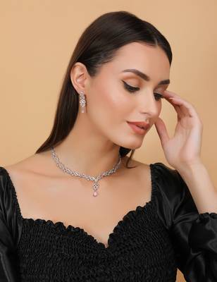 Pink and cz stone embellished Silver plated necklace 317fnnn366 2