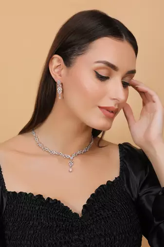 Pink and cz stone embellished Silver plated necklace 317fnnn366