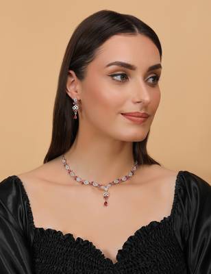 Hydro ruby and cz stone embellished Silver plated necklace 317fnnn367 2