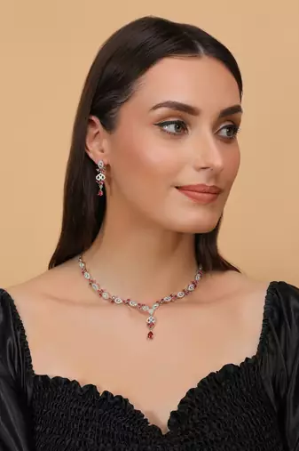 Hydro ruby and cz stone embellished Silver plated necklace 317fnnn367