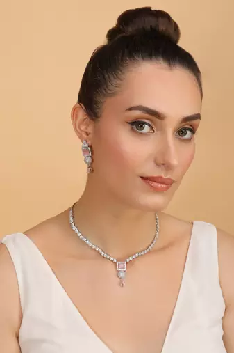 Silver plated pink stone designer necklace 317fnnn375