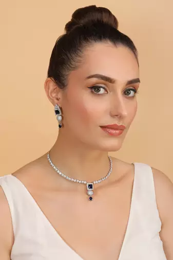 Silver plated blue stone designer necklace 317fnnn377