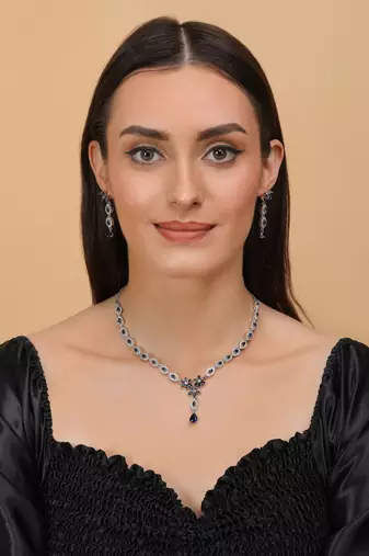 Silver plated blue stone embellished designer cz necklace 317fnnn344