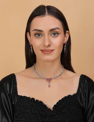 Silver plated hydro ruby stone embellished designer cz necklace 317fnnn346 3