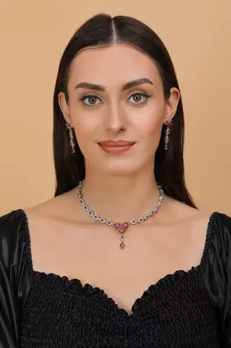 Silver plated hydro ruby stone embellished designer cz necklace 317fnnn346