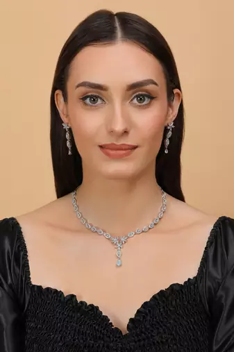 Silver Sea Green Stone embellished designer cz necklace 317fnnn347