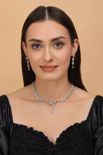 Silver plated pink stone embellished designer cz necklace 317fnnn348