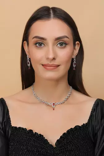 Silver plated hydro ruby stone embellished designer cz necklace 317fnnn349