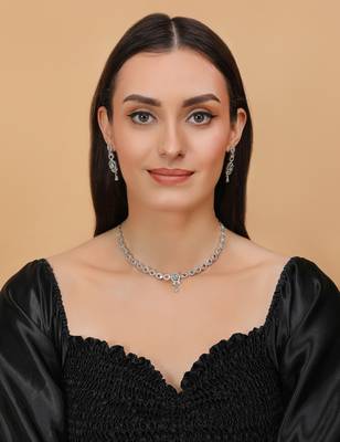 Silver Sea Green stone embellished designer cz necklace 317fnnn350 3