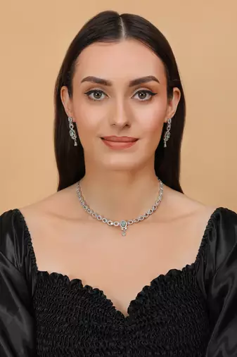 Silver Sea Green stone embellished designer cz necklace 317fnnn350
