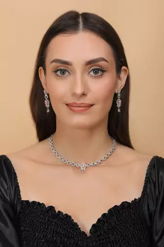 Silver plated pink stone embellished designer cz necklace 317fnnn353