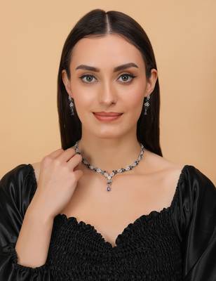 Blue and cz stone embellished Silver plated necklace 317fnnn363 4