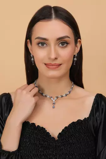 Blue and cz stone embellished Silver plated necklace 317fnnn363