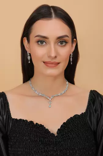 Silver Sea Green and cz embellished necklace 317fnnn364