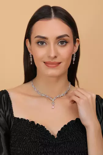 Pink and cz stone embellished Silver plated necklace 317fnnn366