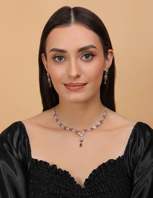 Hydro ruby and cz stone embellished Silver plated necklace 317fnnn367 3