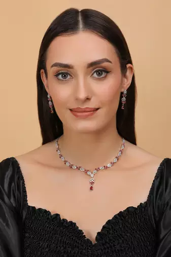 Hydro ruby and cz stone embellished Silver plated necklace 317fnnn367