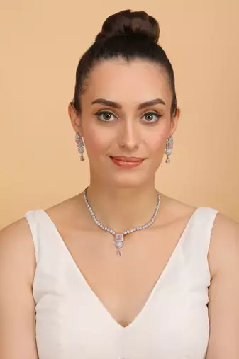 Silver plated pink stone designer necklace 317fnnn375