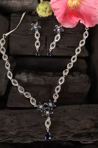 Silver plated blue stone embellished designer cz necklace 317fnnn344