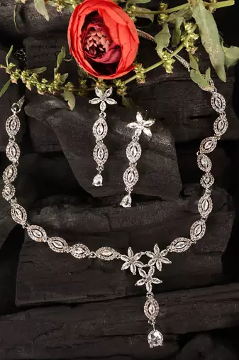 Silver plated white stone embellished designer cz necklace 317fnnn345