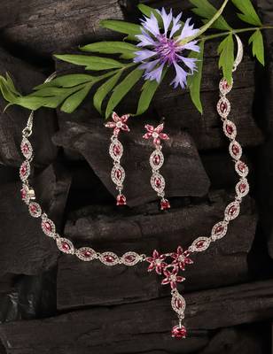 Silver plated hydro ruby stone embellished designer cz necklace 317fnnn346 4