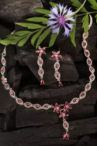 Silver plated hydro ruby stone embellished designer cz necklace 317fnnn346