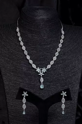 Silver Sea Green Stone embellished designer cz necklace 317fnnn347