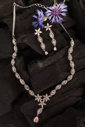 Silver plated pink stone embellished designer cz necklace 317fnnn348
