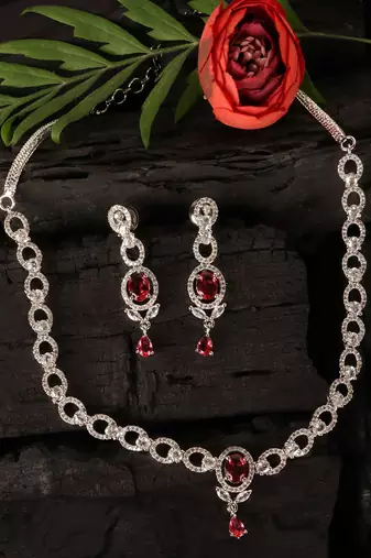 Silver plated hydro ruby stone embellished designer cz necklace 317fnnn349