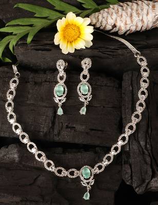 Silver Sea Green stone embellished designer cz necklace 317fnnn350 4