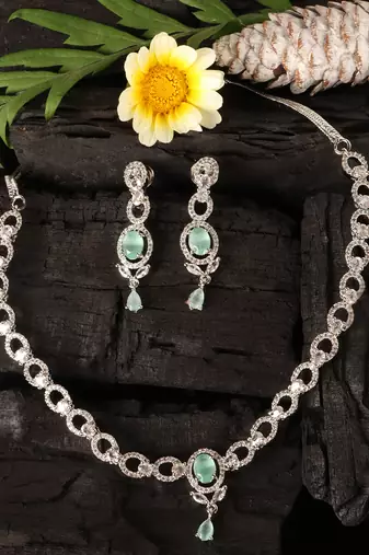 Silver Sea Green stone embellished designer cz necklace 317fnnn350