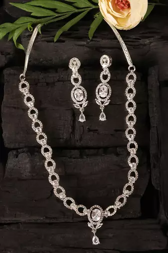 Silver plated white stone embellished designer cz necklace 317fnnn351
