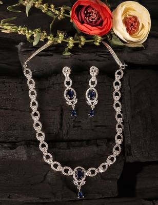 Silver plated blue stone embellished designer cz necklace 317fnnn352 4