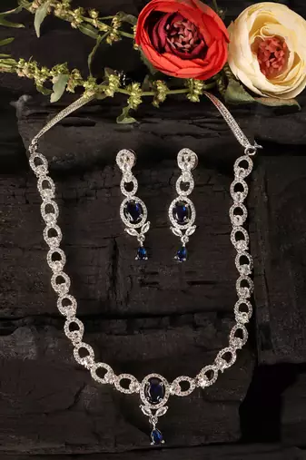 Silver plated blue stone embellished designer cz necklace 317fnnn352