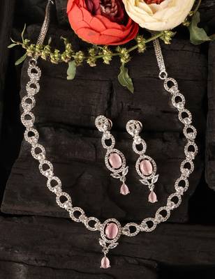 Silver plated pink stone embellished designer cz necklace 317fnnn353 5
