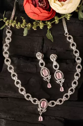 Silver plated pink stone embellished designer cz necklace 317fnnn353
