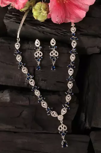 Blue and cz stone embellished Silver plated necklace 317fnnn363