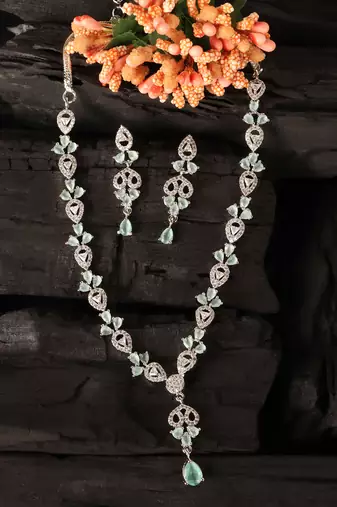 Silver Sea Green and cz embellished necklace 317fnnn364