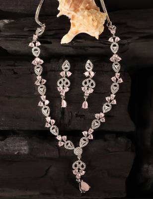 Pink and cz stone embellished Silver plated necklace 317fnnn366 4