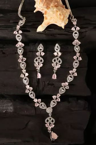 Pink and cz stone embellished Silver plated necklace 317fnnn366
