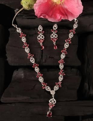 Hydro ruby and cz stone embellished Silver plated necklace 317fnnn367 4
