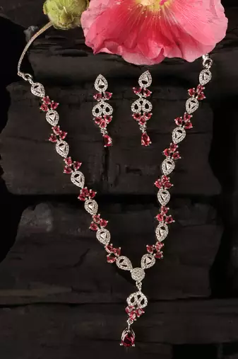 Hydro ruby and cz stone embellished Silver plated necklace 317fnnn367