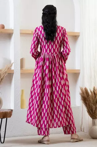 Designer Pink Floral Printed Rayon Angrakha Kurti & Palazzo Set For Womens & Girls