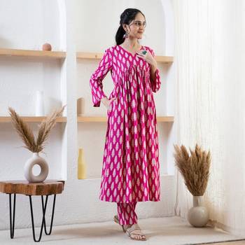 Designer Pink Floral Printed Rayon Angrakha Kurti & Palazzo Set For Womens & Girls 3