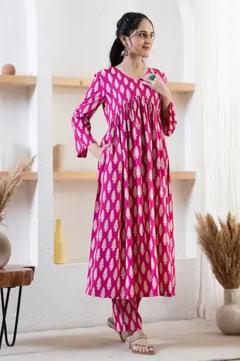 Designer Pink Floral Printed Rayon Angrakha Kurti & Palazzo Set For Womens & Girls