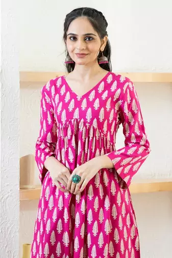 Designer Pink Floral Printed Rayon Angrakha Kurti & Palazzo Set For Womens & Girls