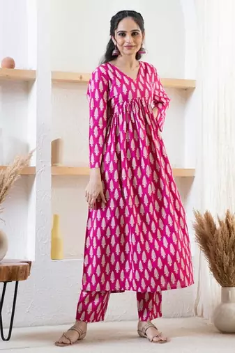 Designer Pink Floral Printed Rayon Angrakha Kurti & Palazzo Set For Womens & Girls