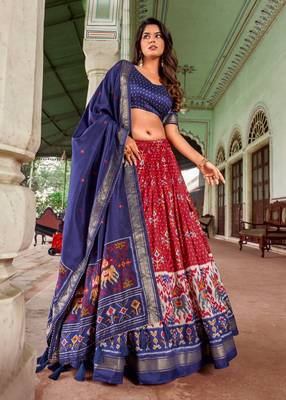 Navy Blue and Red Tussar Silk Lehenga Choli With Patola Print and Foli Work 1